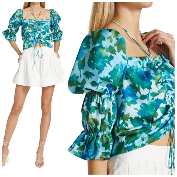 NWT Amur Ravenna Puff Sleeve Top Blue Green 10 - Picture 3 of 11